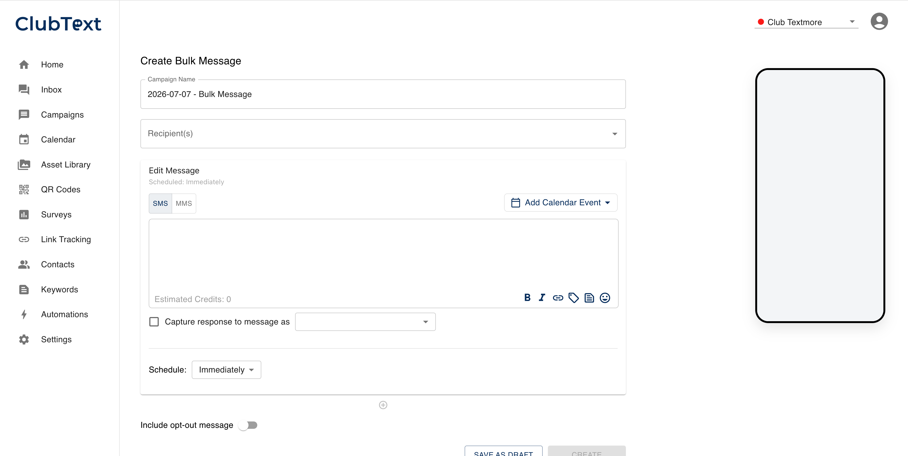 ClubText Campaigns — build a broadcast