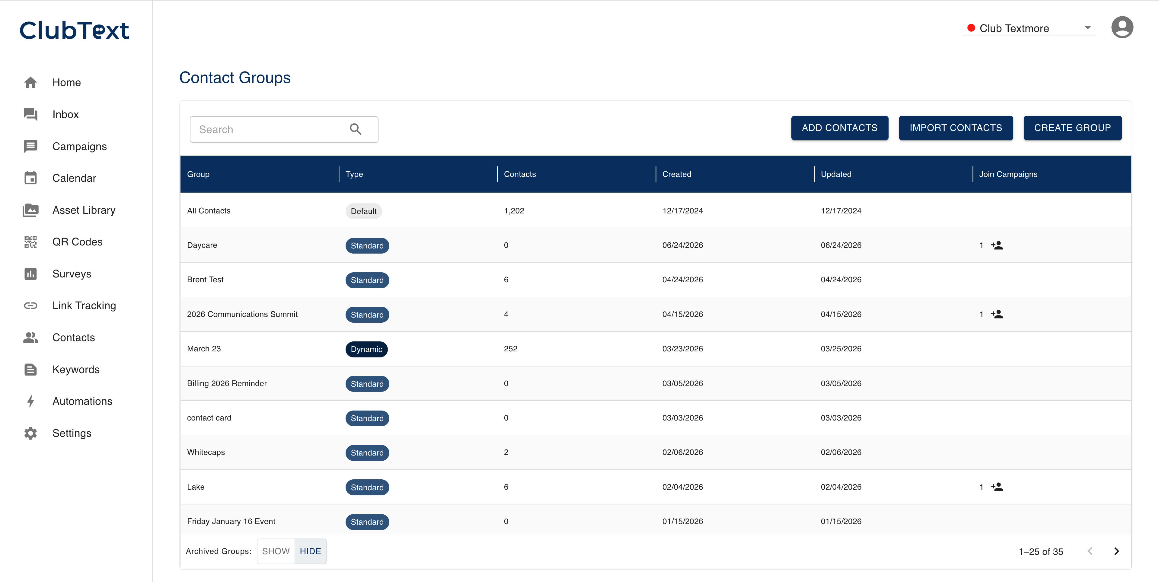 ClubText Contacts — segment your groups
