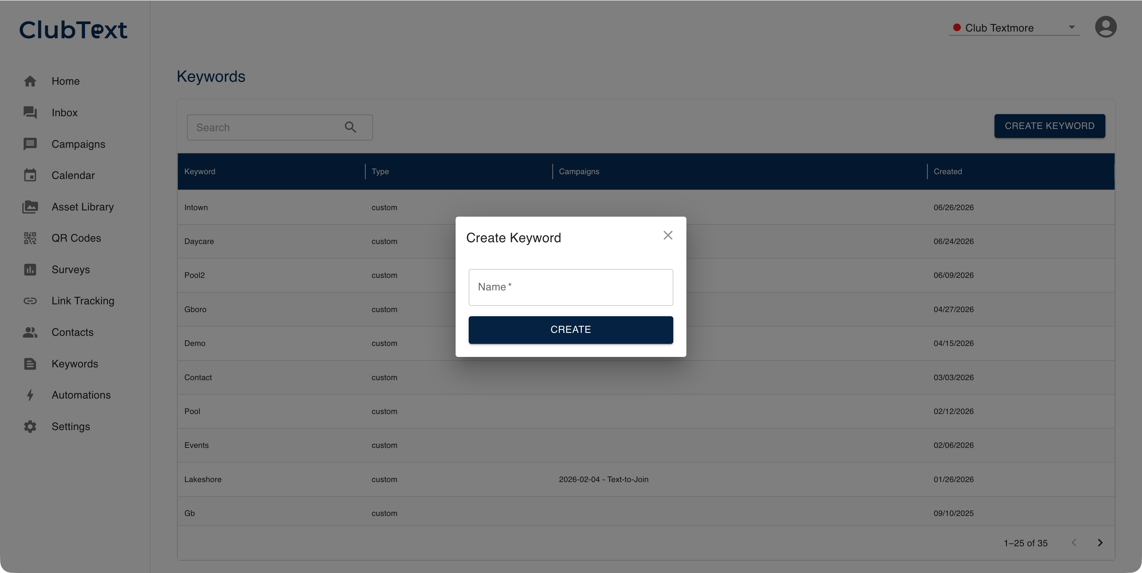 ClubText Keywords — text-to-join sign-ups